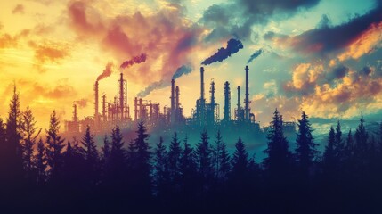 Obraz premium Industrial pollution impact on environment urban area digital art dusk dramatic view environmental awareness