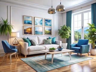 Fototapeta premium Modern Living Room Interior Design: White Sofa, Blue Armchair, Posters