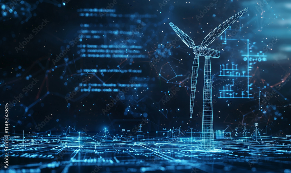 Aufkleber a digital representation of a wind turbine surrounded by data streams, symbolizing the integration o