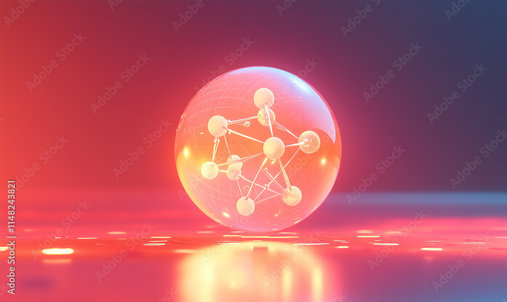 Poster a glowing sphere with a molecular structure inside, set against a vibrant gradient background, sugge