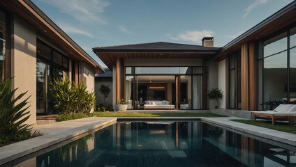 Fototapeta premium Modern Residence with Swimming Pool and Extensive Windows