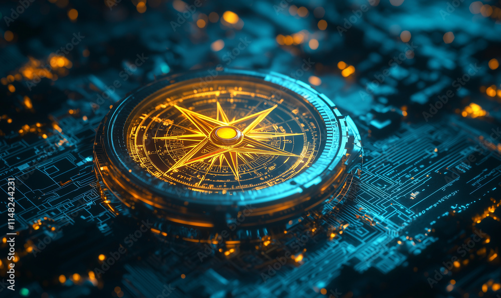 Poster a glowing compass rests on a circuit board, illuminated in blue and gold, symbolizing navigation and