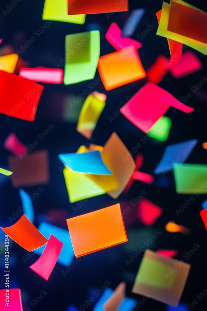 Poster a bunch of colorful paper squares are flying in the air. the squares are in different colors and siz