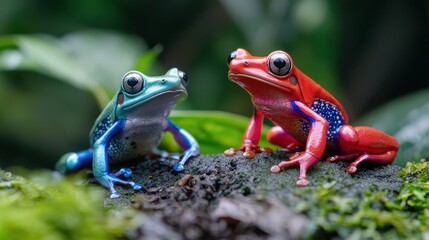 Naklejka premium Two vibrant poison dart frogs, one metallic blue and one bright red, sit side-by-side on a mossy branch in a lush tropical rainforest.