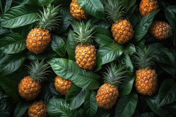 Fototapeta premium Lush Green Leaves Surround Ripe Mini Pineapples
