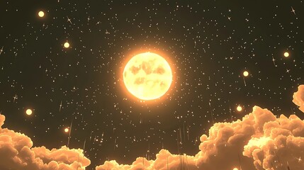 Golden full moon shining brightly over fluffy clouds and starry night sky.