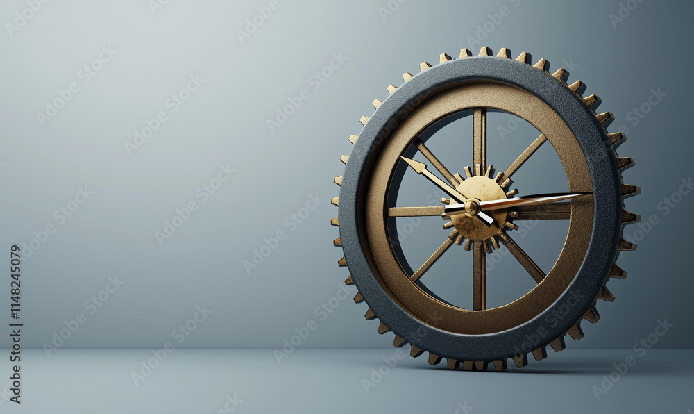 Poster a metallic gear clock with intricate design elements, set against a simple background, emphasizing i