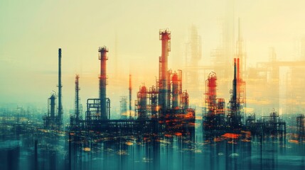 Obraz premium Industrial operations at dusk energy production facility photography urban landscape wide-angle view modern developments