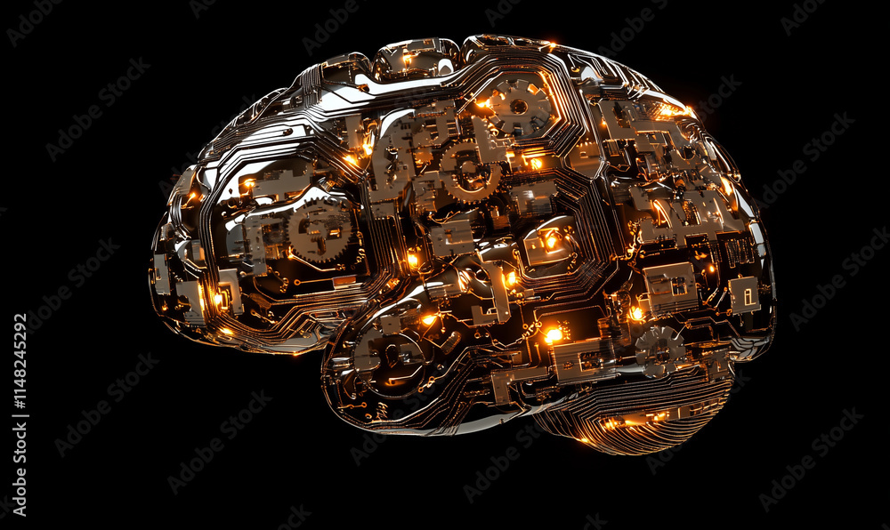 Aufkleber a futuristic brain model featuring circuits and glowing lights, symbolizing the intersection of tech