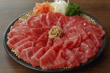 Sashimi platter presentation japanese restaurant food photography indoor setting close-up view culinary art