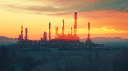 Fototapeta premium Industrial oil refinery operations sunset landscape photography urban environment wide angle view energy production concept