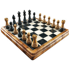 Classic wooden chessboard with black and cream pieces ready for gameplay isolated on transparent background png