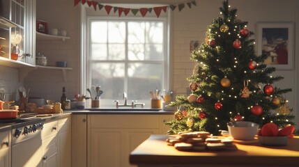 Fototapeta premium Cozy Christmas Kitchen with Beautiful Tree and Decorated Window