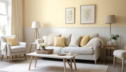 Light and airy living room with beige sofa and accents