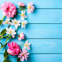 spring flowers on a
blue wooden background spring
background greeting card for valentines day
