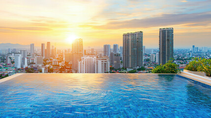 Fototapeta premium Stunning sunset over city skyline with infinity pool view