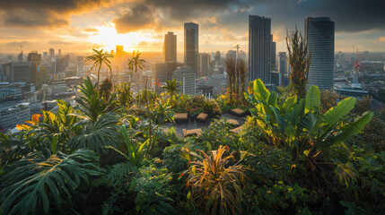 stunning cityscape at sunset, featuring lush greenery and urban skyline