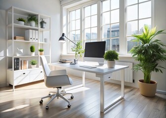 Modern White Office Interior Design - Computer Mockup on Desk - Candid Photography