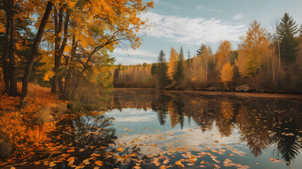 Obraz premium A photo of a serene autumn scene with a calm lake reflecting the orange and yellow leaves that have 