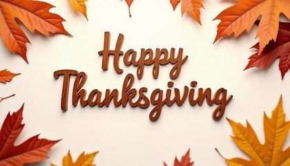 Wooden “Happy Thanksgiving” surrounded by fall leaves in warm colors.Gratitude. Harvest. Autumn warmth.Thanksgiving decor, fall leaves, wooden sign, festive atmosphere, autumn celebration, seasonal d
