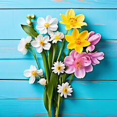 spring flowers on a
blue wooden background spring
background greeting card for valentines day
