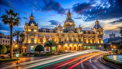 Obraz premium Monaco Casino Night Long Exposure Photography - Historic Architecture, Monte Carlo, Gambling, Cityscape, Luxury