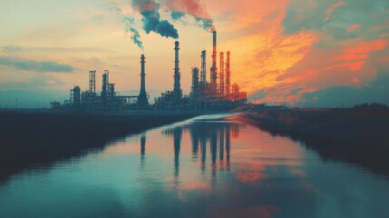 Industrial growth reflection in a river at sunset oil refinery landscape photography natural environment wide angle environmental impact