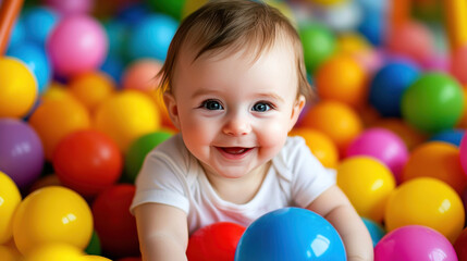Obraz premium joyful baby playing in colorful ball pit, surrounded by vibrant balls