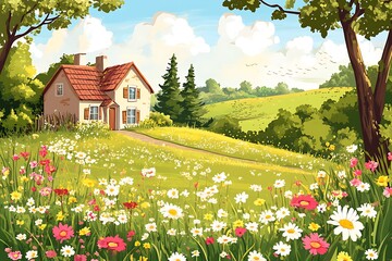 Obraz premium A charming countryside scene featuring a house amidst a vibrant flower-filled meadow.