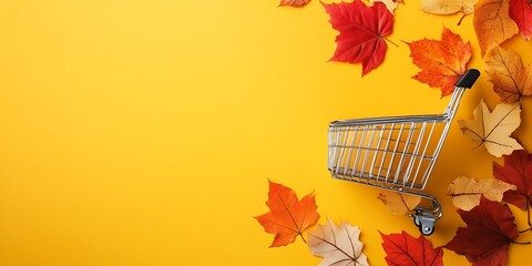 Autumn Leaves Surround Small Shopping Cart On Yellow
