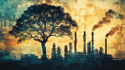 Obraz premium Industrial pollution impacting nature urban landscape digital art evening glow environmental awareness