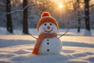 Fototapeta premium A cheerful snowman stands in a snowy landscape. It wears an orange knit hat and scarf, its face is adorned with coal eyes and a carrot nose. The sun sets behind creating a warm glow.