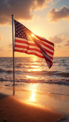 American flag waving in the wind with sunset in the background.Independence Day, patriotic celebration, American pride, holiday decoration, outdoor event, flag waving, sunset imagery, Patriotism