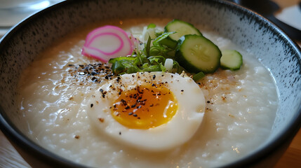  A warm and comforting bowl of congee, topped with pickled vegetables and a soft-boiled egg 