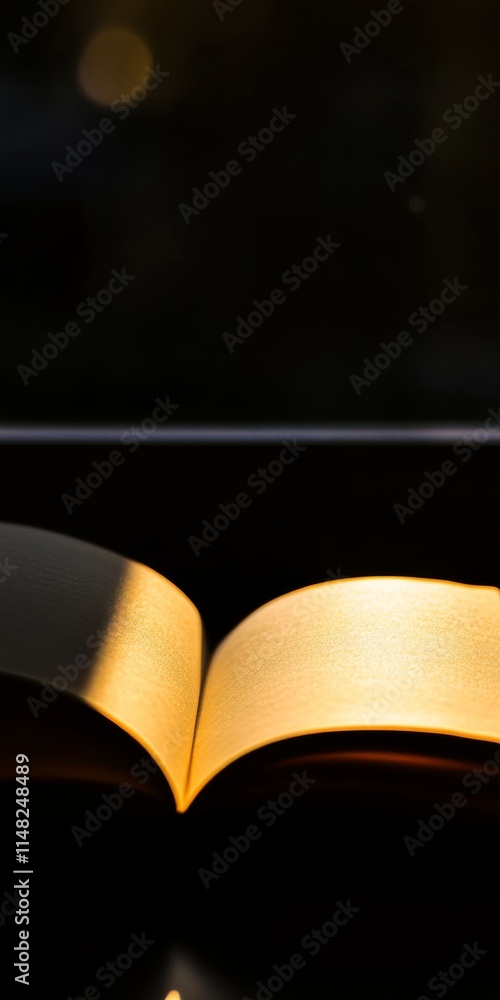 Poster a book is open to a page with a bright yellow light shining on it. the light creates a warm and invi