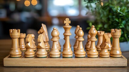 Wooden Chess Pieces on Board  Strategy Game Concept