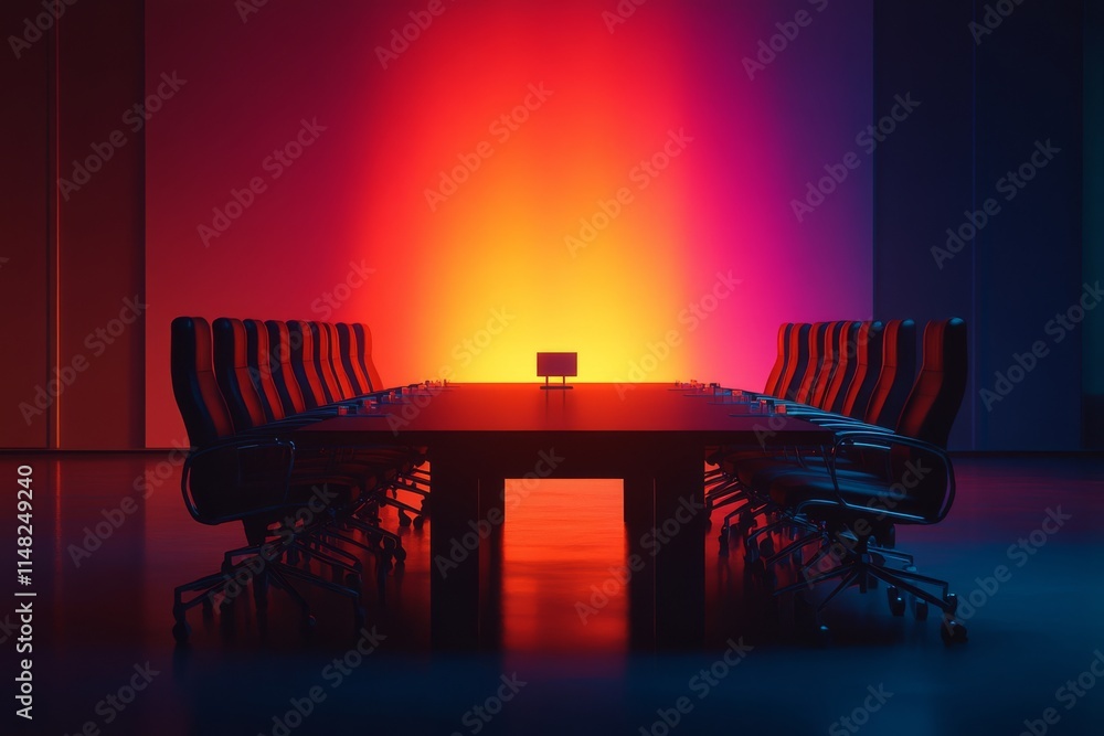 Poster a table with a projector on it and a group of chairs around it. the chairs are arranged in rows