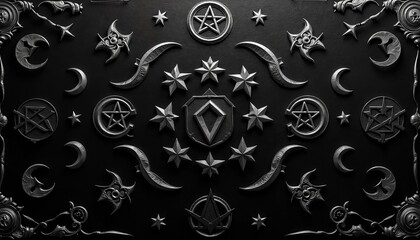 Black background with silver symbols, geometric shield, stars, and crescent shapes, intricate gothic-style ornaments.Mystery. Strength. Symbolism. Gothic design, fantasy art, decorative symbols, creat