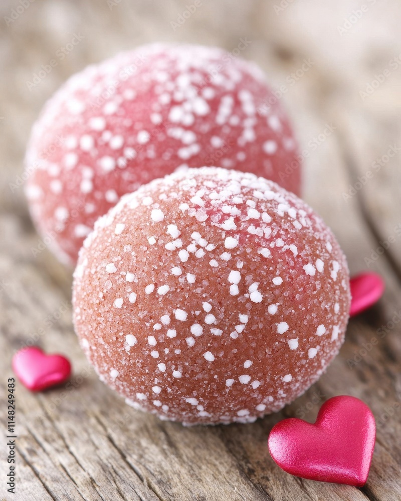 Wall mural Two pink, sugar-coated candies with small heart decorations on a wooden surface.