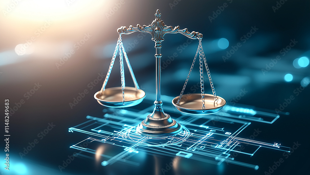 Poster digital illustration of balanced scale symbolizing justice, featuring sleek design with glowing elem