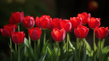 A vibrant display of red tulips illuminated by soft light in a garden setting.