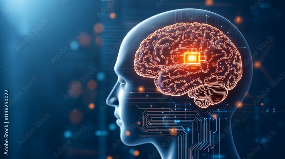 Poster human head silhouette with glowing brain and microchip, symbolizing technology and intelligence. bac