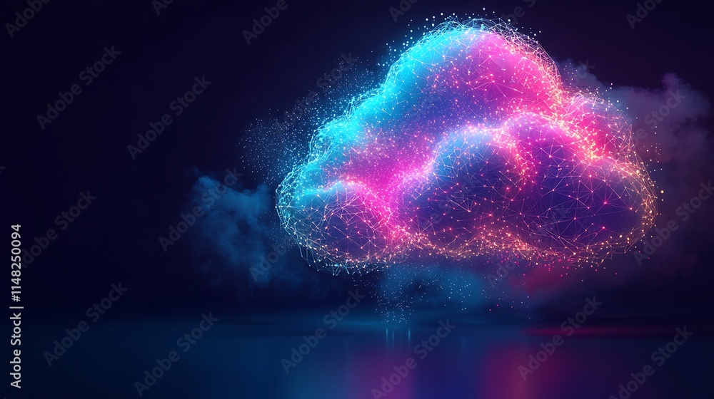 Poster glowing neon cloud computing network.