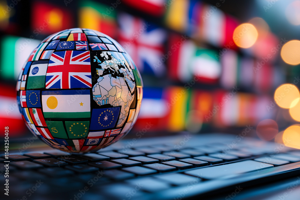 Poster colorful globe covered in flags rests on keyboard, symbolizing global connectivity and diversity. vi