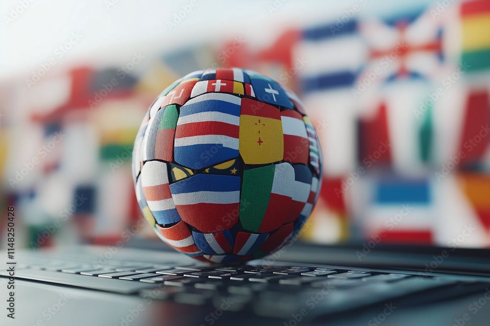 Poster colorful sphere made of various national flags rests on keyboard, symbolizing global unity and diver