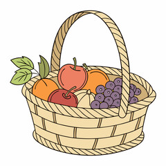 A wicker basket filled with fresh fruits on white background
