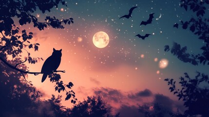 Mysterious night scene owl and bats under a full moon forest digital art enchanted atmosphere dreamlike viewpoint