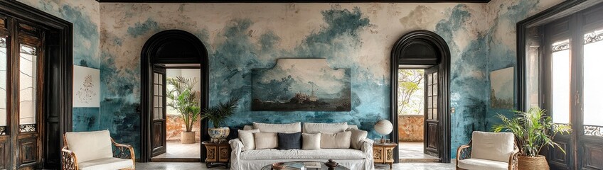 Eclectic Elegance: Bold Wallpaper, Vintage Charm, and Contemporary Art in a Unique Living Room