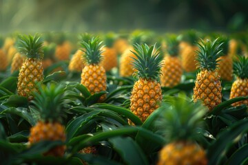 Obraz premium Lush Pineapple Plantation Sunlight Bathes Ripe Fruit