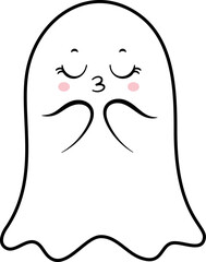 Cartoon ghost blowing a kiss with closed eyes and pink cheeks, simple and cute design perfect for Halloween projects, greeting cards, stickers, and apparel
